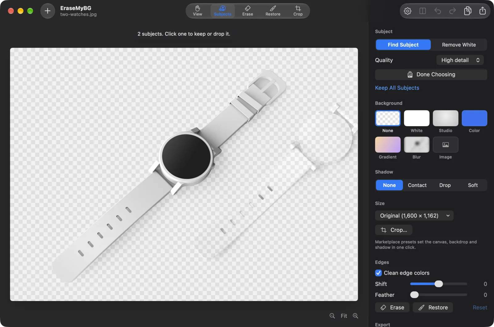 EraseMyBG Subjects tool on a Mac with two watches detected: the left watch is kept and the right watch has been dropped and appears faded