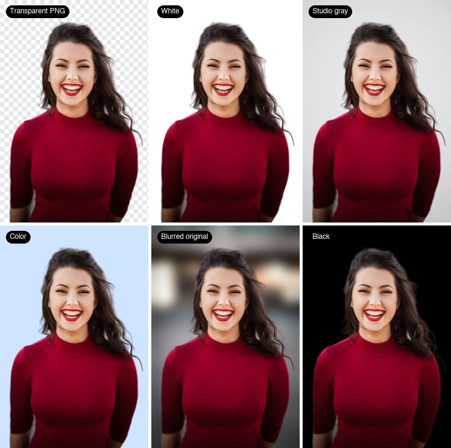 The same portrait cutout shown six ways: transparent checkerboard, white, studio gray, light blue color, blurred original background, and black