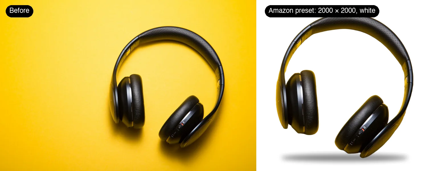 Black headphones on a yellow background, and the same headphones cut out on a 2000 by 2000 pixel white canvas with a soft shadow
