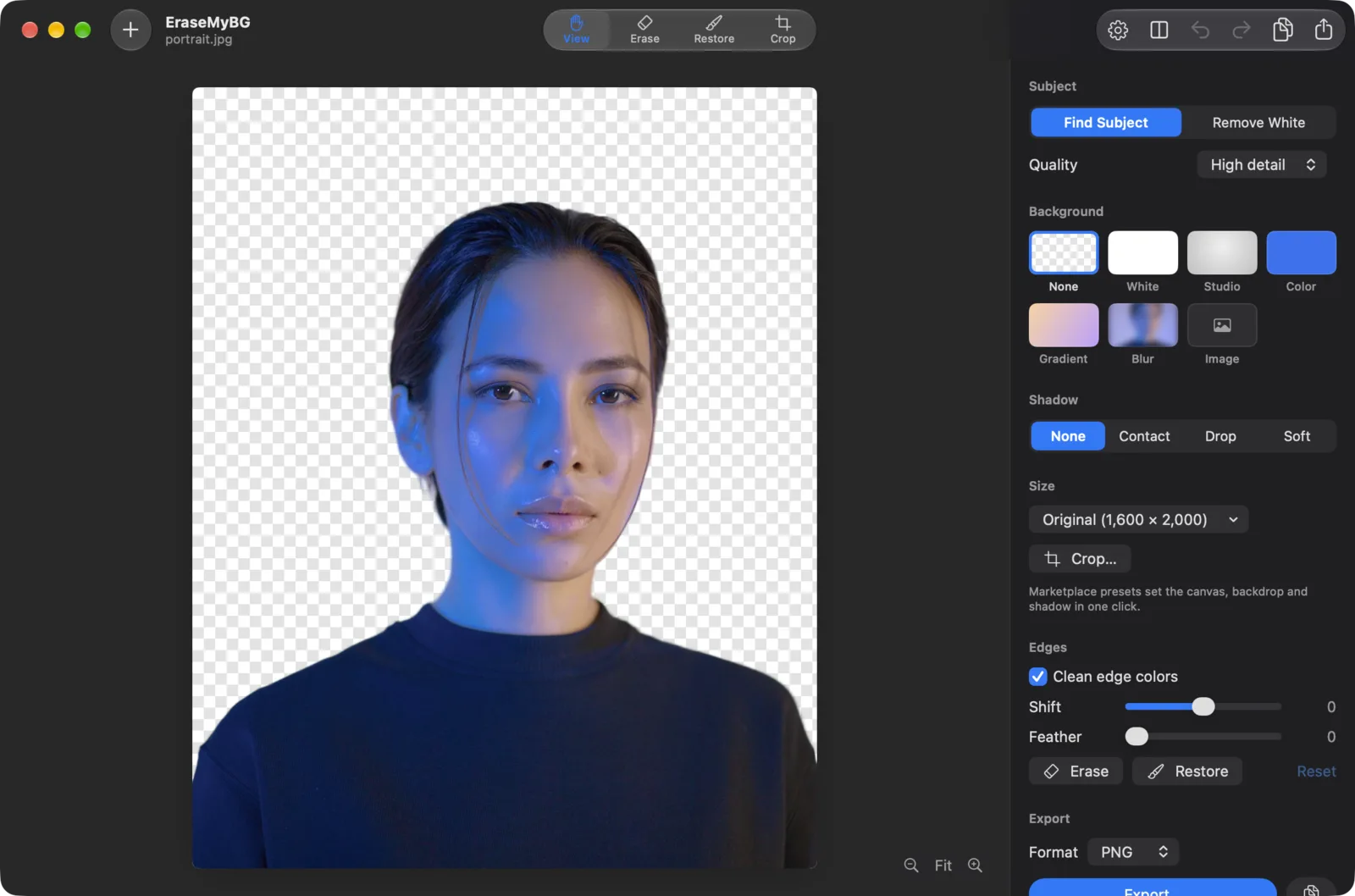 EraseMyBG on a Mac showing a portrait with its background removed on a transparent checkerboard, Background set to None and Export format PNG