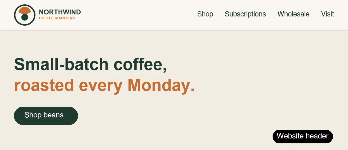 Transparent PNG logo placed in a website header mockup on a cream background