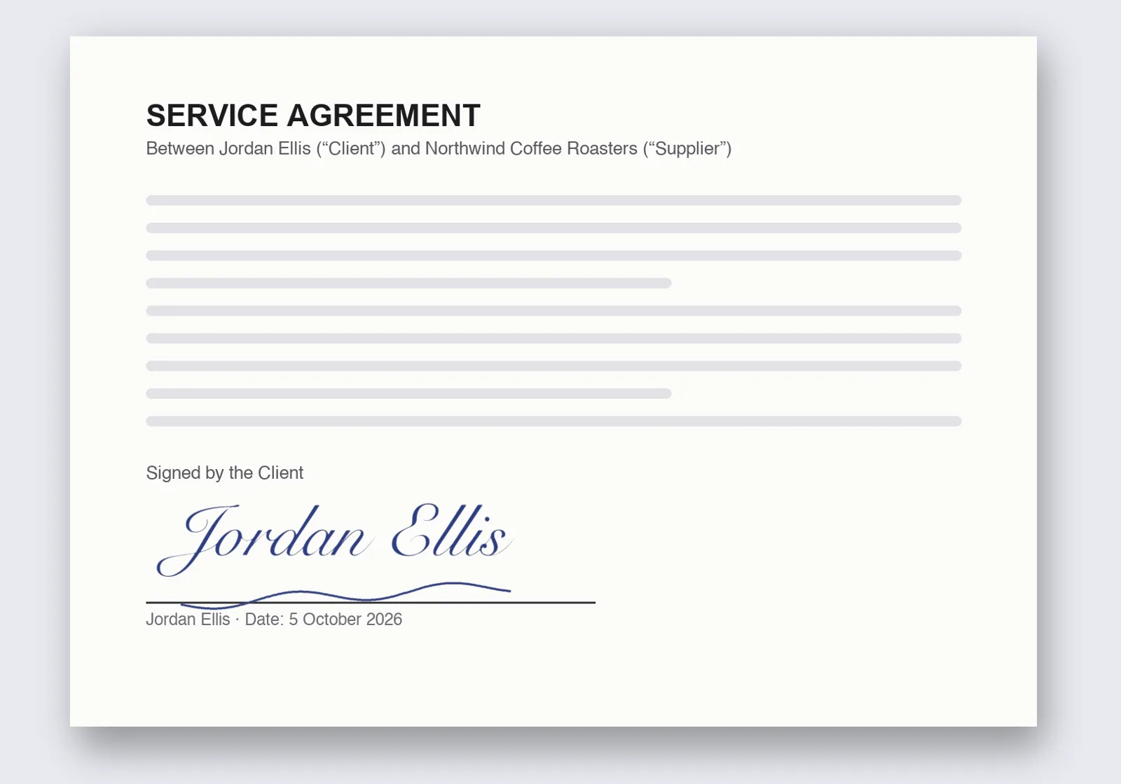 Transparent signature PNG placed on the signature line of a service agreement document mockup