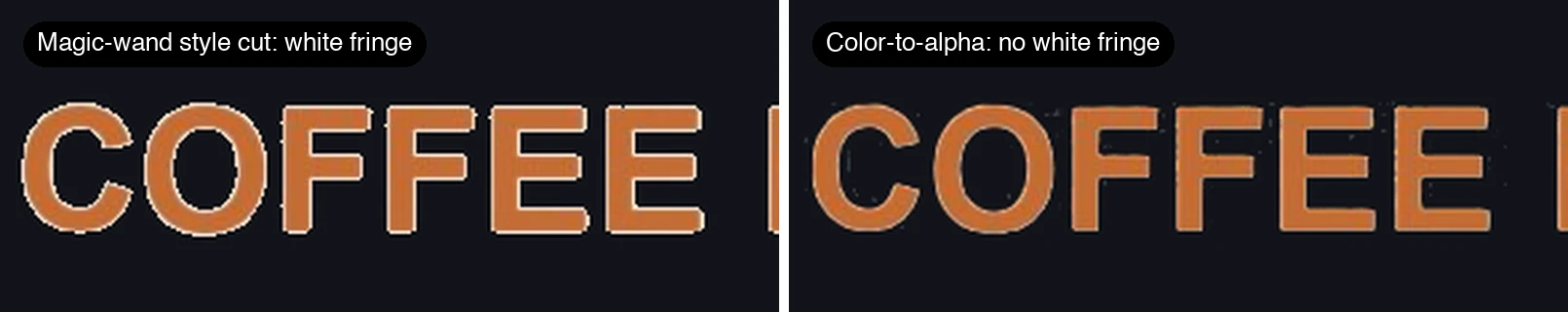 Zoomed comparison: logo text cut with a magic wand shows a white fringe on a dark background, while the color-to-alpha version has no white fringe