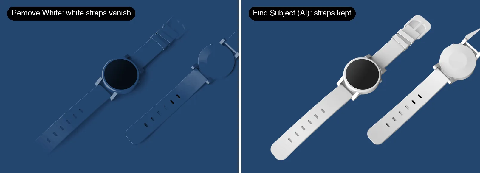 White smartwatches on a white background processed two ways, shown on blue: Remove White makes the white straps transparent, Find Subject keeps them